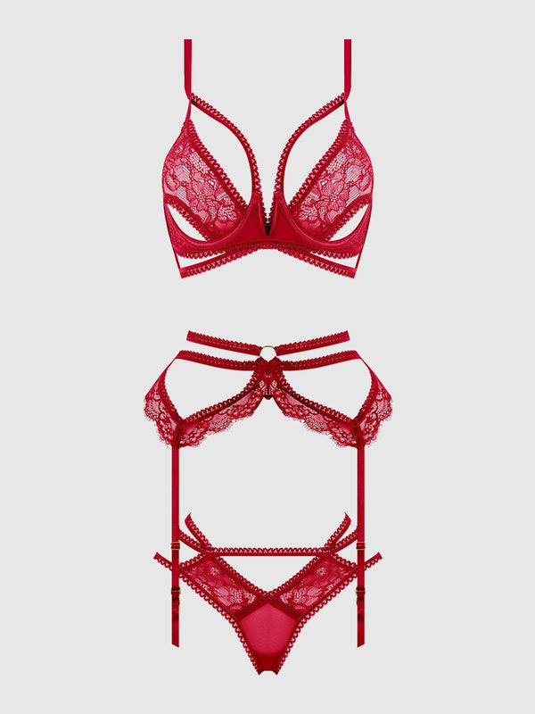BIANCA STRAPPY LACE BRA, GARTER & HIPSTER SET: PERSIAN RED / XL