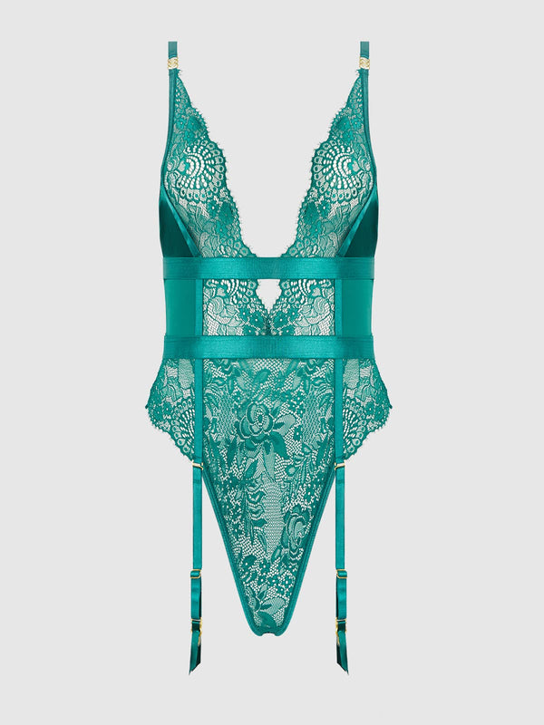 HELENA LACE & SATIN WIRELESS & OPEN BACK TEDDY: EVERGREEN / S