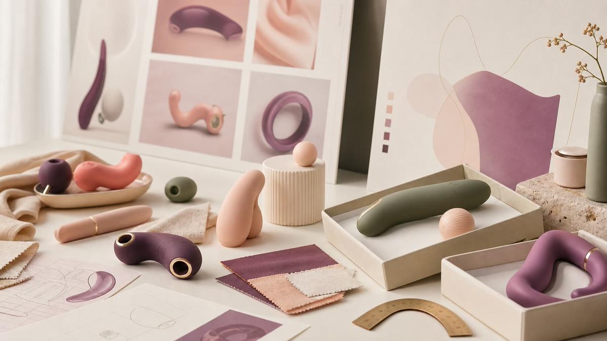 A warm product design studio still life with matte plum prototypes, silicone samples, measuring tools, and packaging trays.