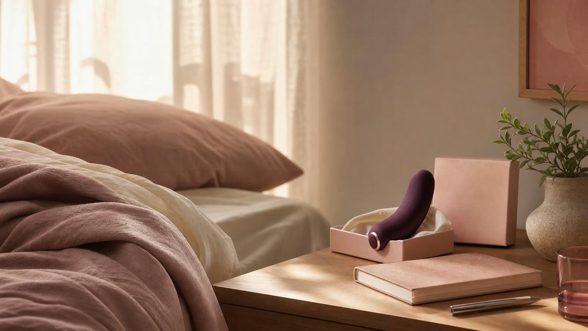 A dawn bedroom corner with ivory curtains, linen, a bedside table, journal, plant, and discreet AFTERGLOWGOODS product packaging.