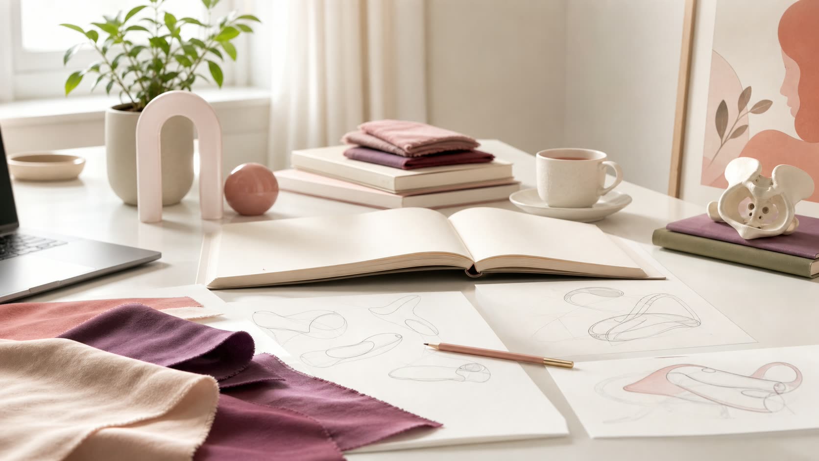 A bright founder workspace with a notebook, pencil sketches, fabric swatches, tea, and soft product design references.