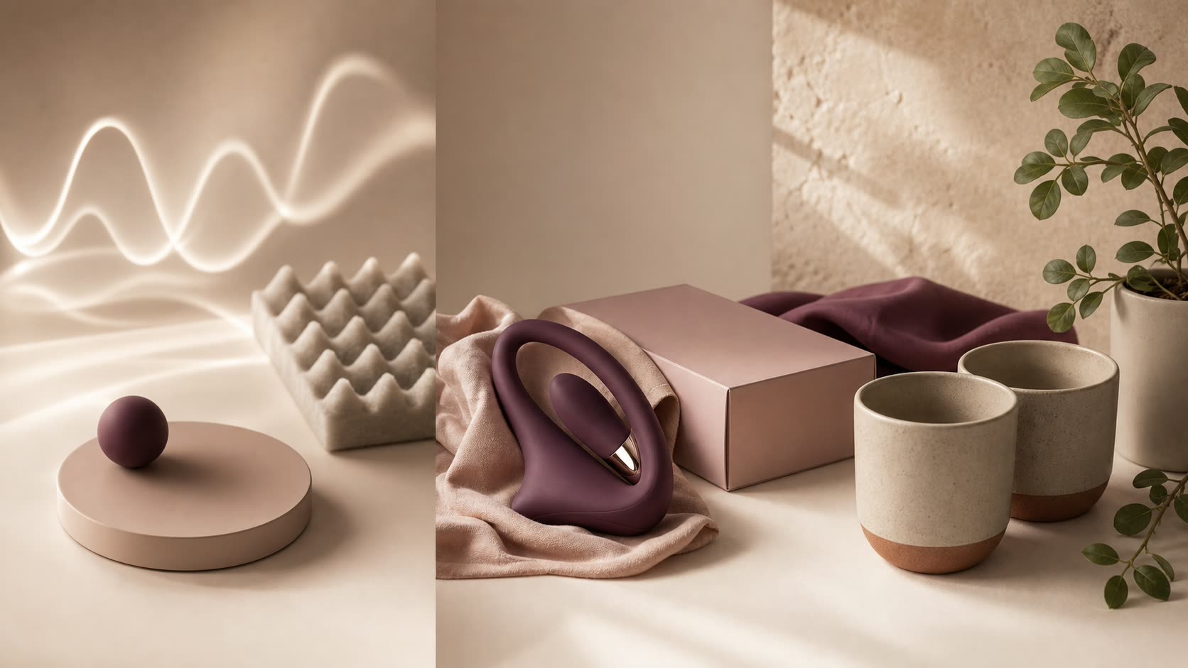 A triptych-style still life showing gentle technology, honest design, and universal connection through soft materials and lifestyle objects.