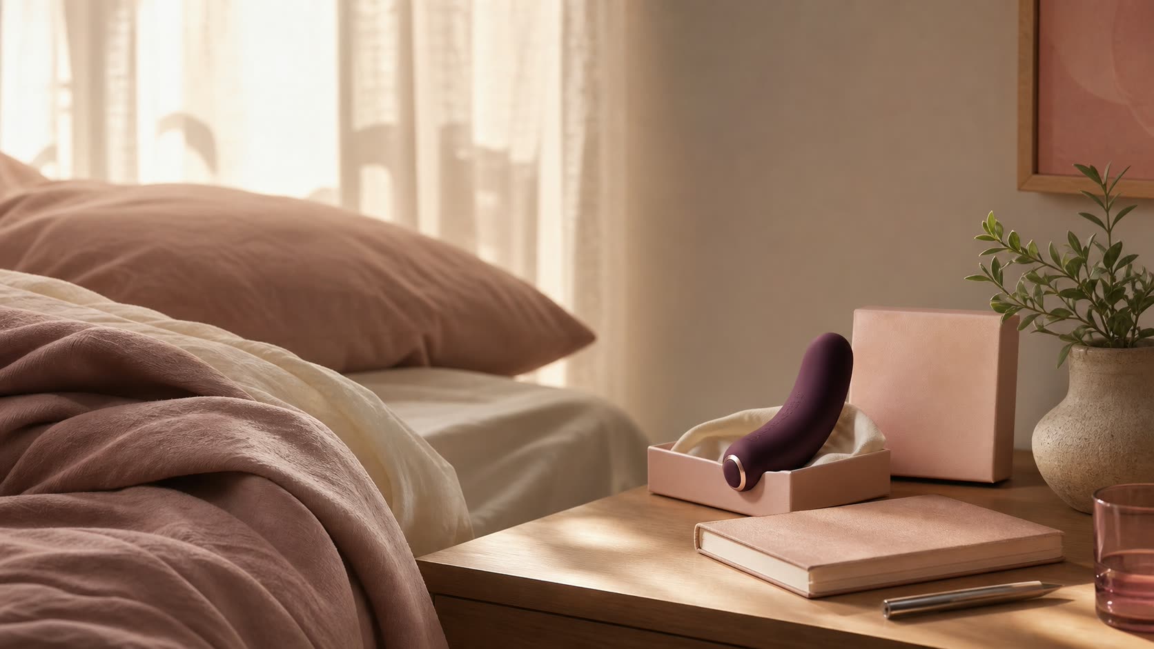 A dawn bedroom corner with ivory curtains, linen, a bedside table, journal, plant, and discreet SENSIVO product packaging.